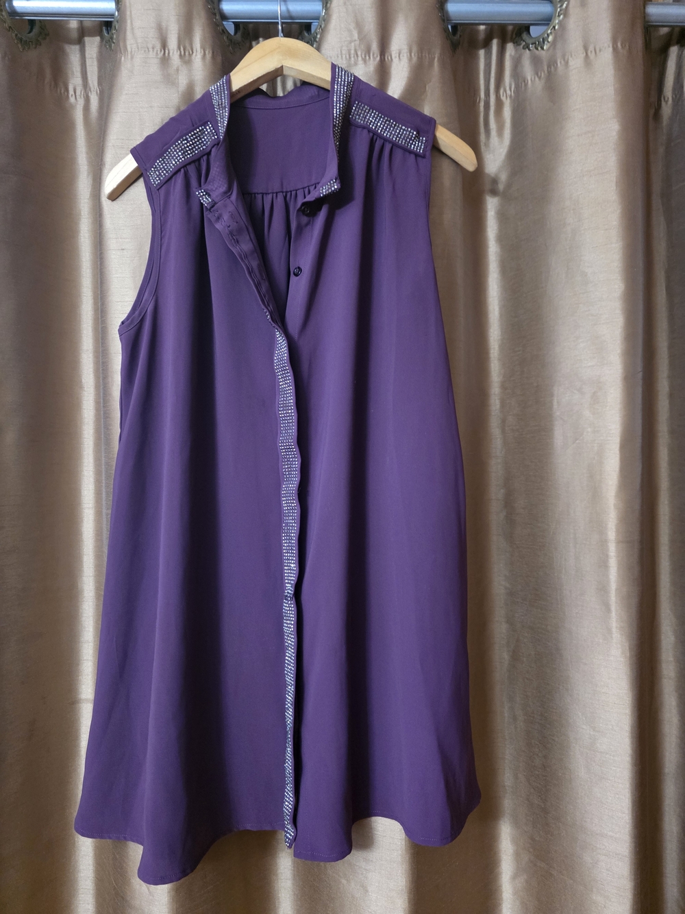 Sleeveless Purple Tunic Top with Studded Trim